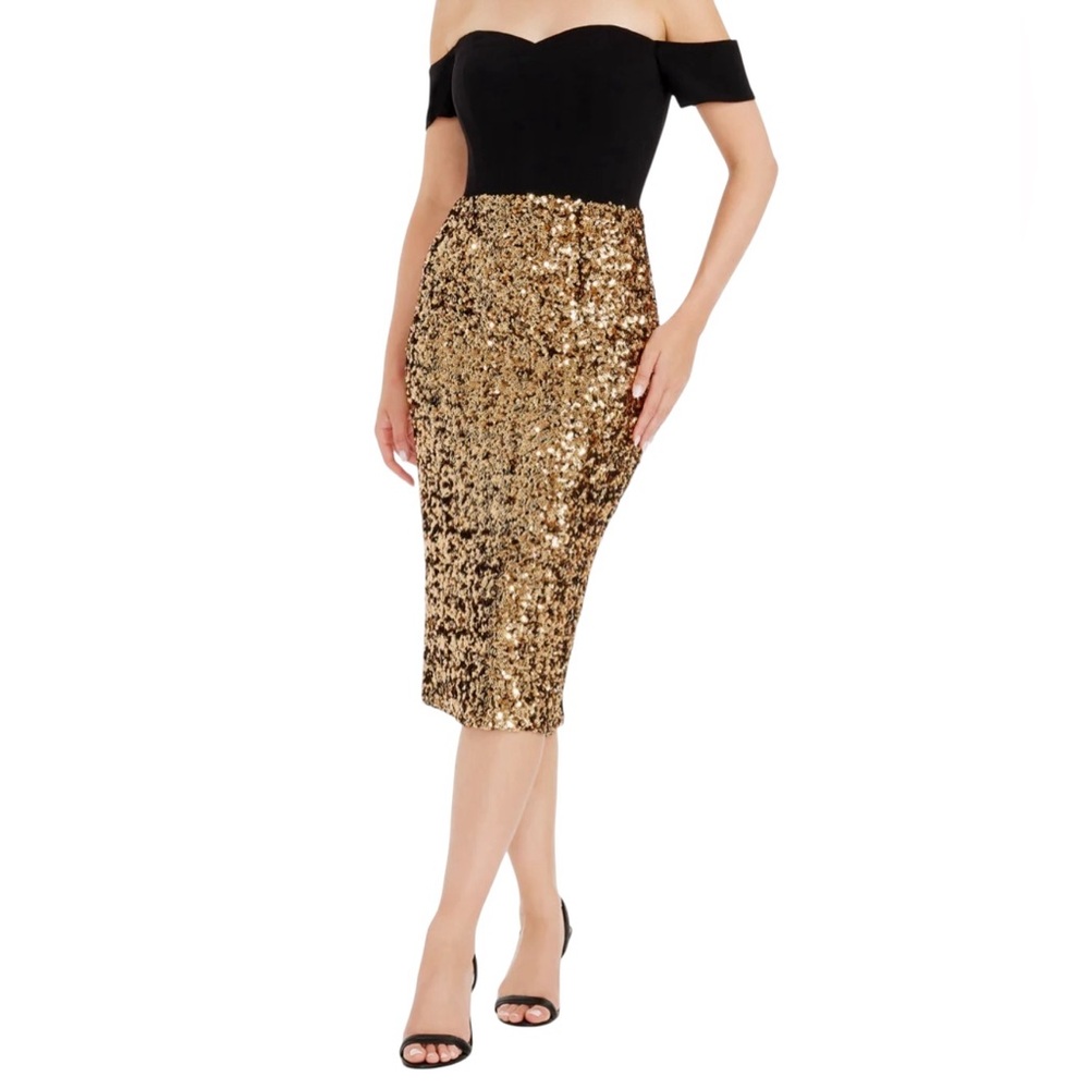 Dress the Population Bailey Gold Black Sequin Midi Dress NWT Women’s Size L Glam
